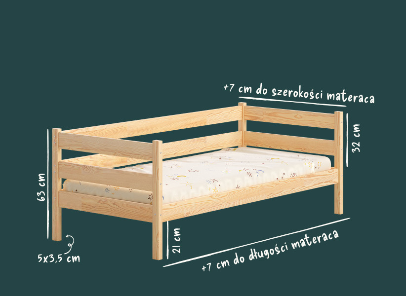 Pojedyncze Łóżko Dziecięce CHARLES z Wysoką Barierką i Zagłówkiem