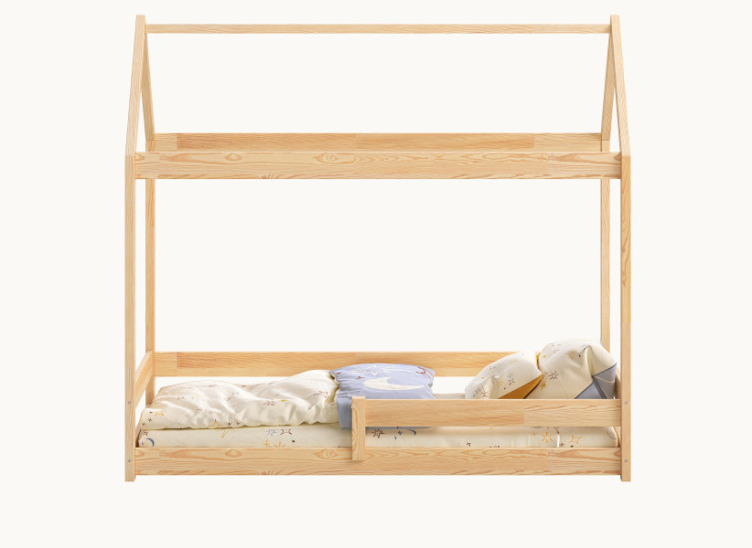 Drewniane Łóżko Domek z Barierką - Dziecięce Łóżko w Kształcie Domku