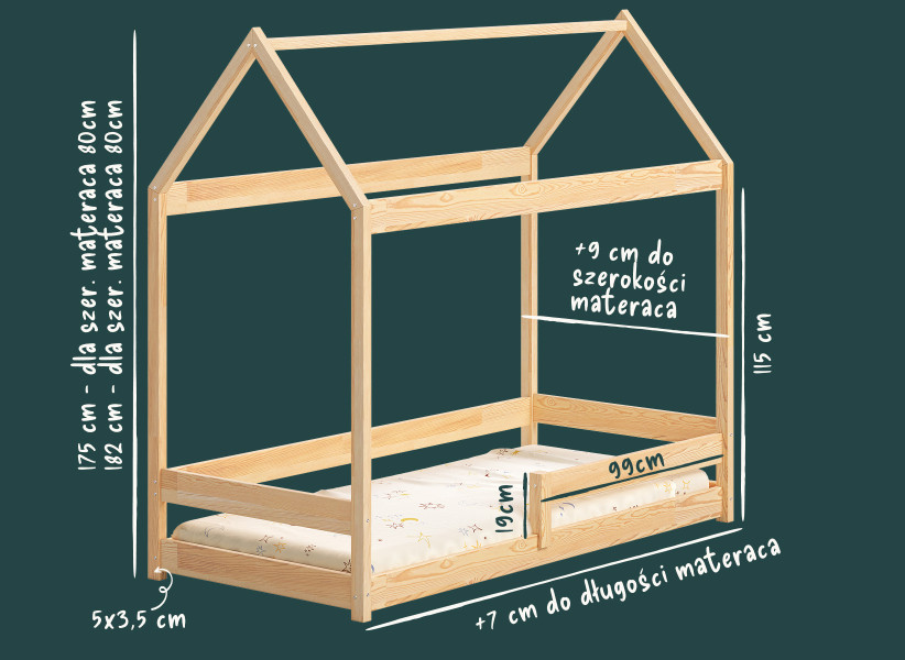 Drewniane Łóżko Domek z Barierką - Dziecięce Łóżko w Kształcie Domku