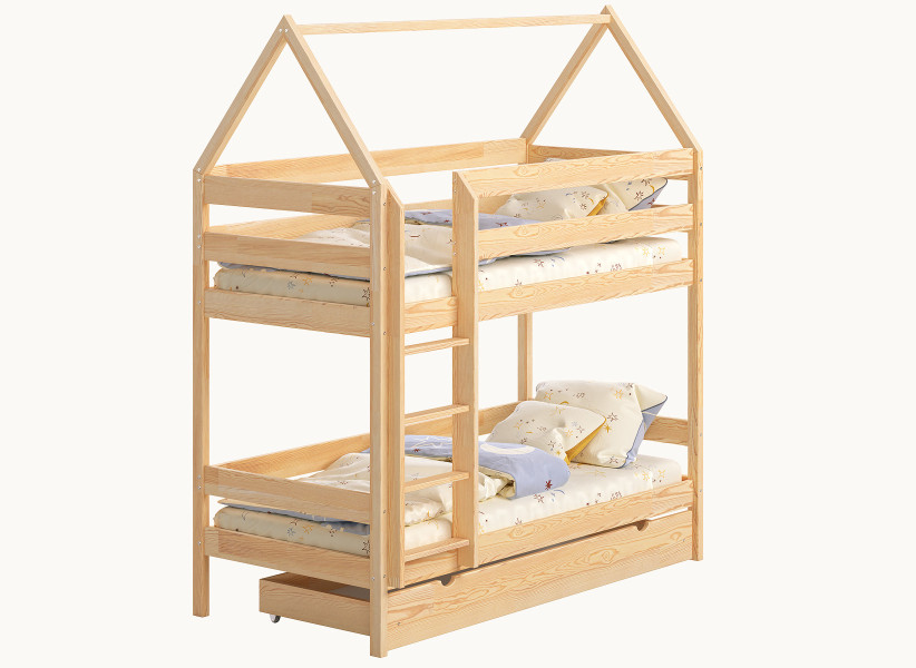 Dziecięce Łóżko Piętrowe BRUNO Domek 2 Osobowe Drewniane 140x70cm