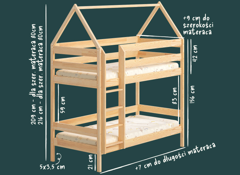 Dziecięce Łóżko Piętrowe BRUNO Domek 2 Osobowe Drewniane 140x70cm