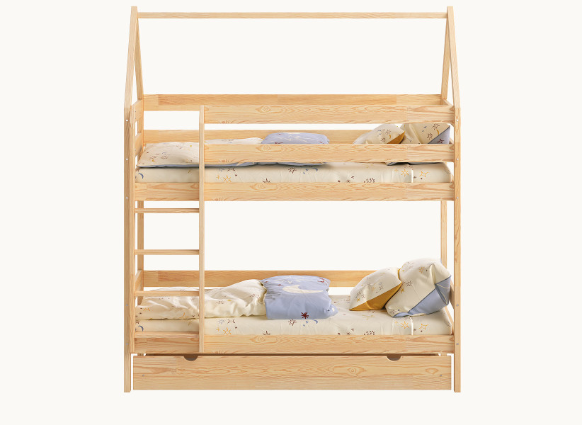 Dziecięce Łóżko Piętrowe BRUNO Domek 2 Osobowe Drewniane 140x70cm