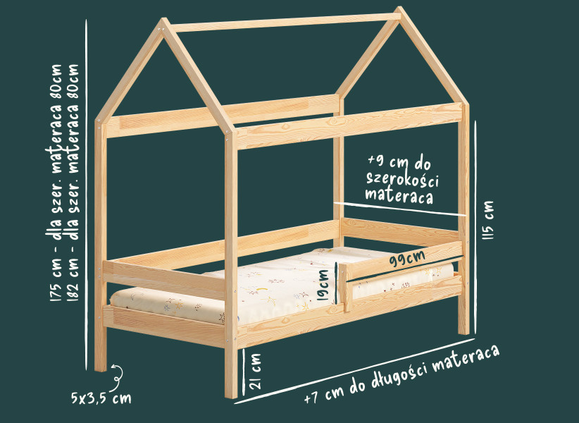 Drewniane Łóżko Domek Plus dla Dziecka - Dziecięce Łóżko z Szufladą