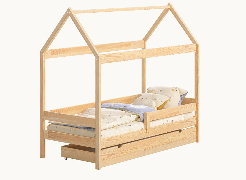 Drewniane Łóżko Domek Plus dla Dziecka - Dziecięce Łóżko z Szufladą