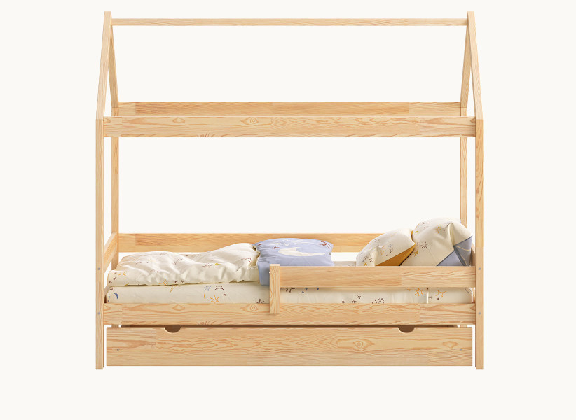 Drewniane Łóżko Domek Plus dla Dziecka - Dziecięce Łóżko z Szufladą