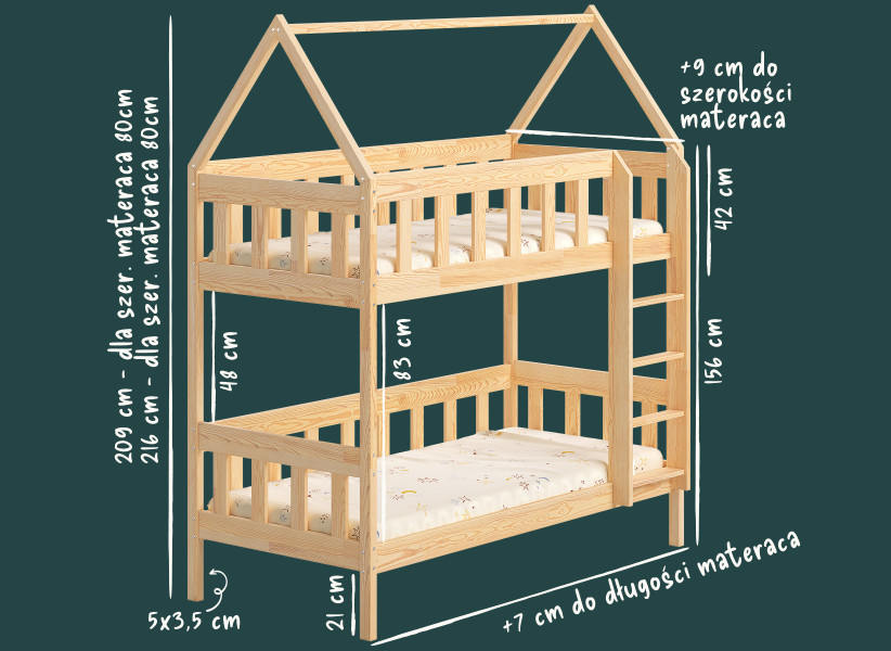 Drewniane Łóżko Piętrowe CHARLIE Domek z Drabinką 80x160 i 90x180cm