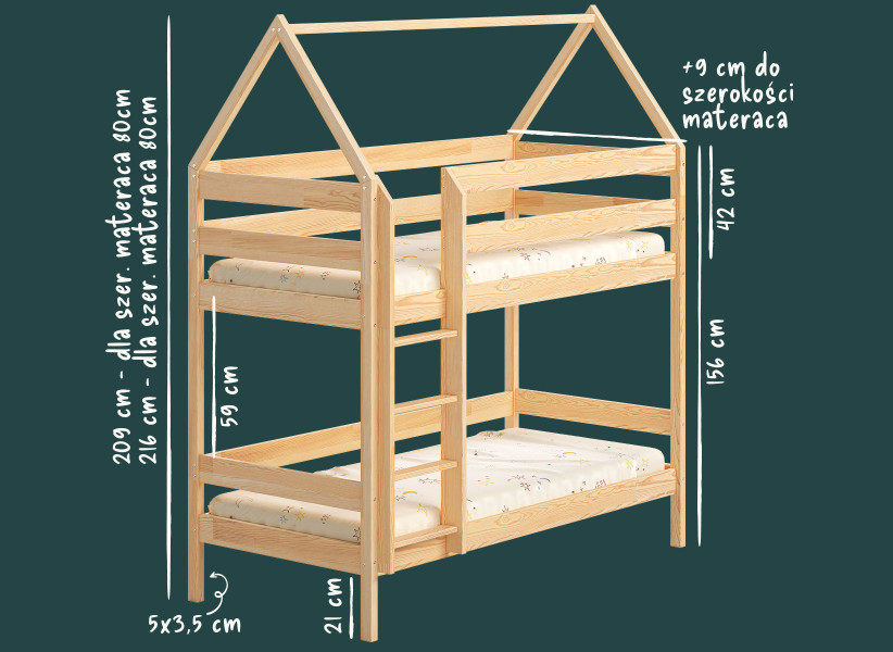 Drewniane Łóżko Piętrowe CHARLIE Domek z Drabinką 80x160 i 90x180cm