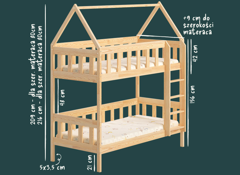 Drewniane Łóżko Piętrowe CHARLIE Domek z Drabinką 80x160 i 90x180cm