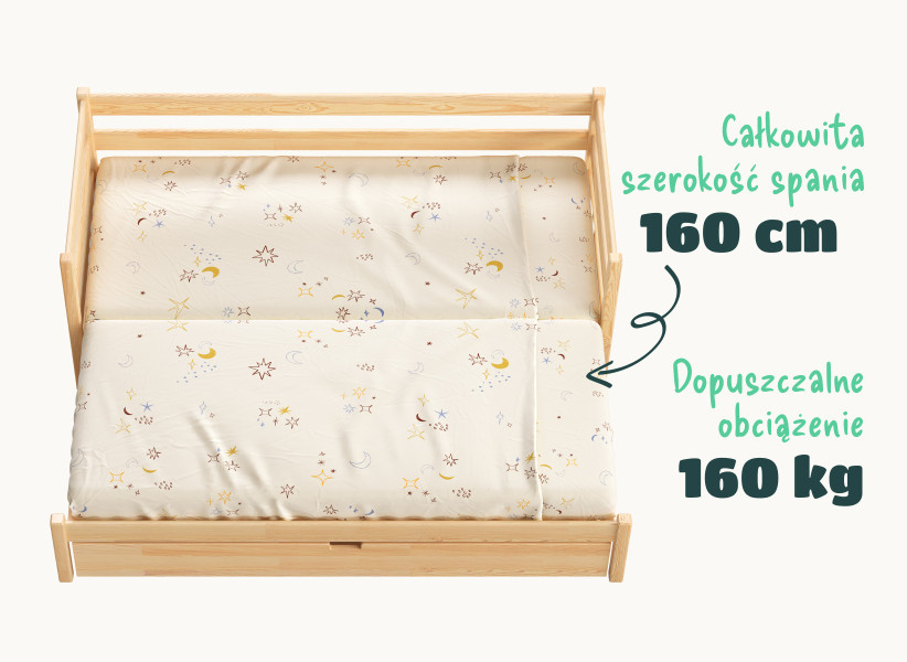 Łóżko rozkładane na jednym poziomie - podwójne łóżko drewniane ANNA