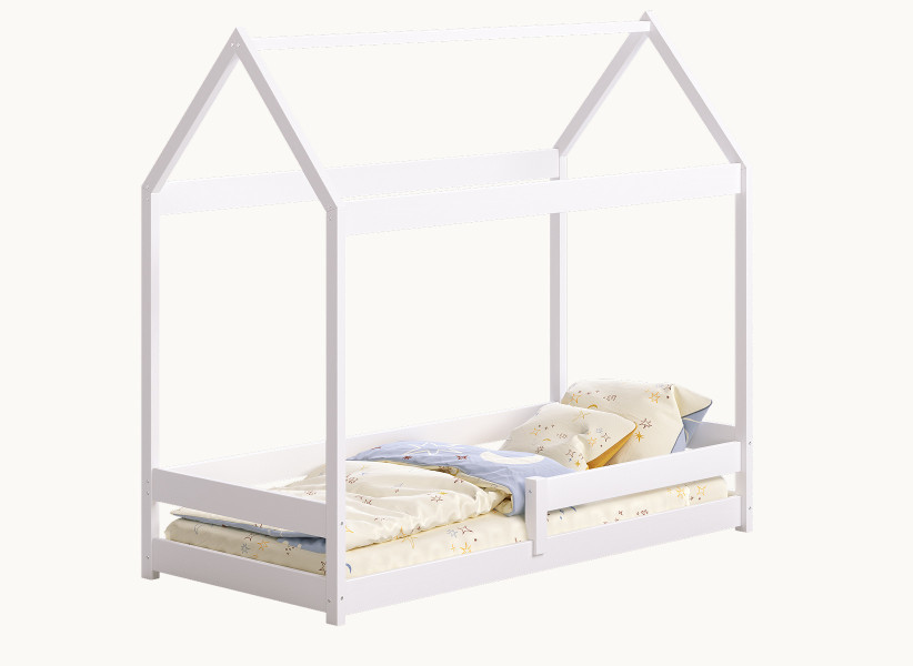 Drewniane Łóżko Domek z Barierką - Dziecięce Łóżko w Kształcie Domku