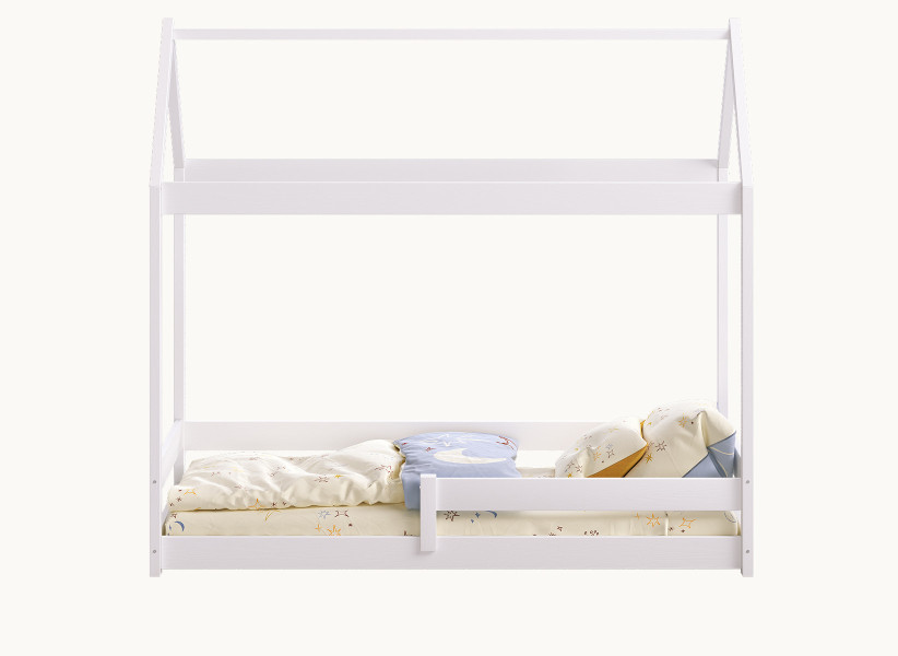 Drewniane Łóżko Domek z Barierką - Dziecięce Łóżko w Kształcie Domku