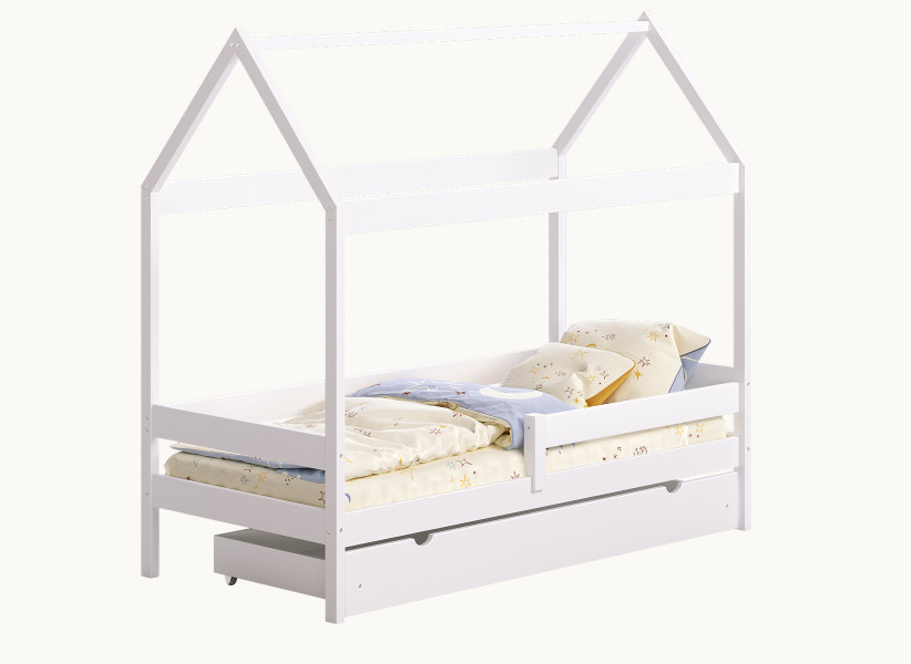 Drewniane Łóżko Domek Plus dla Dziecka - Dziecięce Łóżko z Szufladą