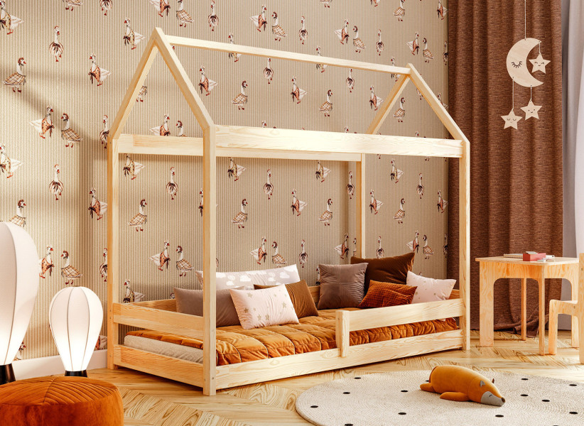 Drewniane Łóżko Domek z Barierką - Dziecięce Łóżko w Kształcie Domku