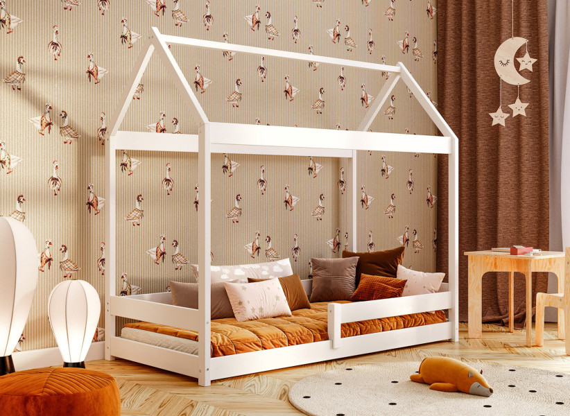 Drewniane Łóżko Domek z Barierką - Dziecięce Łóżko w Kształcie Domku