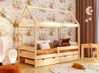Drewniane Łóżko Domek Plus dla Dziecka - Dziecięce Łóżko z Szufladą