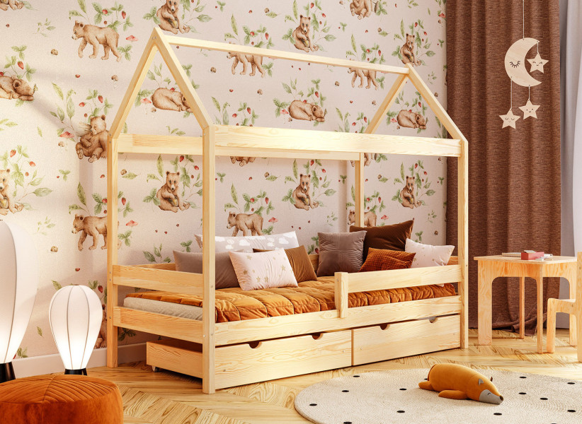 Drewniane Łóżko Domek Plus dla Dziecka - Dziecięce Łóżko z Szufladą