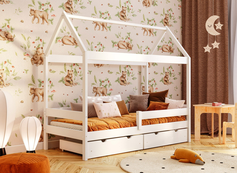 Drewniane Łóżko Domek Plus dla Dziecka - Dziecięce Łóżko z Szufladą