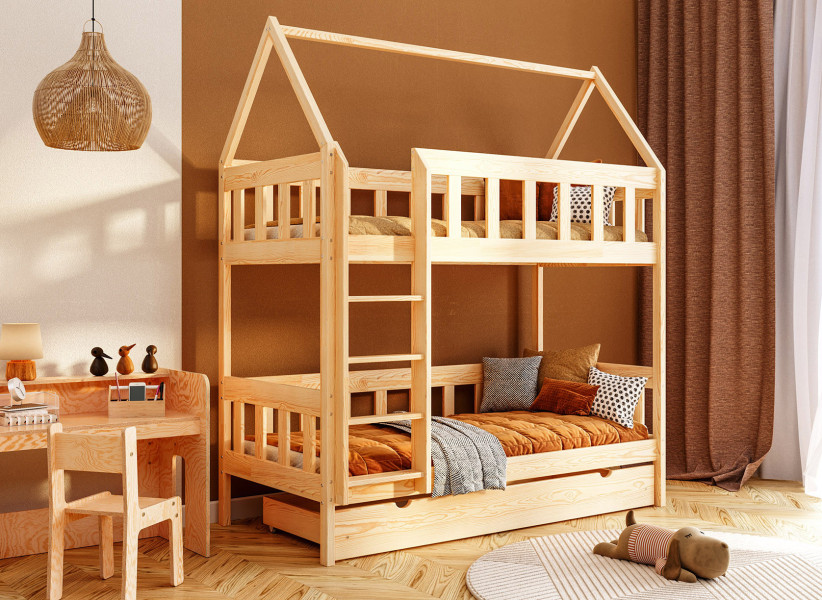 Drewniane Łóżko Piętrowe CHARLIE Domek z Drabinką 80x160 i 90x180cm