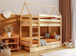 Dziecięce Łóżko Piętrowe BRUNO Domek 2 Osobowe Drewniane 140x70cm