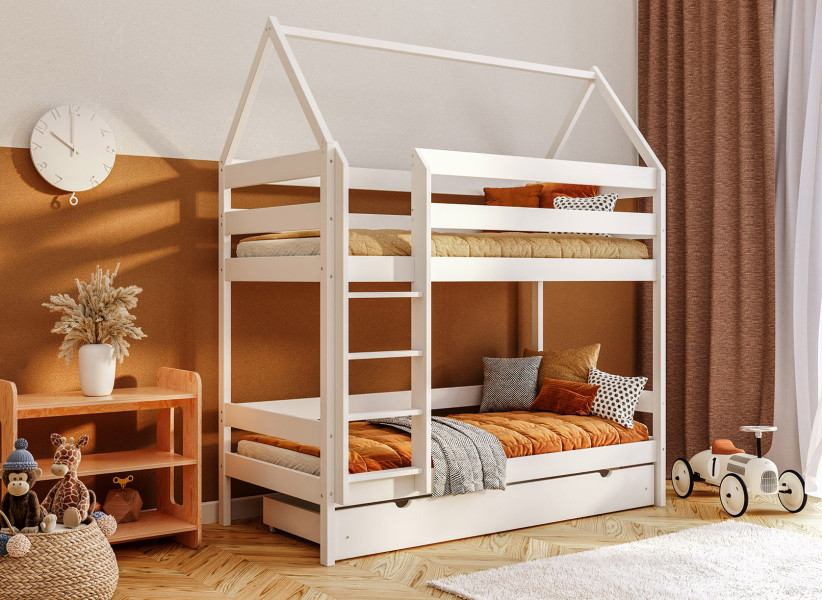 Dziecięce Łóżko Piętrowe BRUNO Domek 2 Osobowe Drewniane 140x70cm