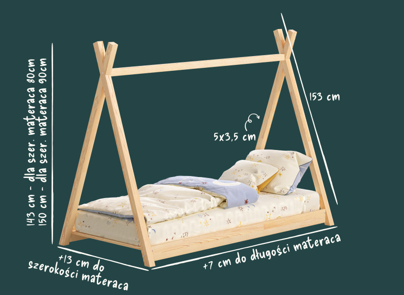 Dziecięce Łóżko Drewniane TIPI - Pojedyncze Łóżeczko dla Dzieci 160x80
