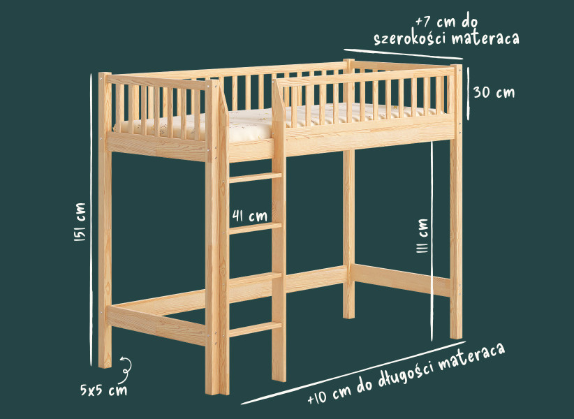 Łóżko na antresoli ENZO: 111 cm wolnego miejsca pod spodem | YOUKO