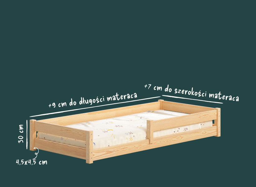 Niskie łóżko dla dziecka z barierkami MOMO — Montessori | YOUKO